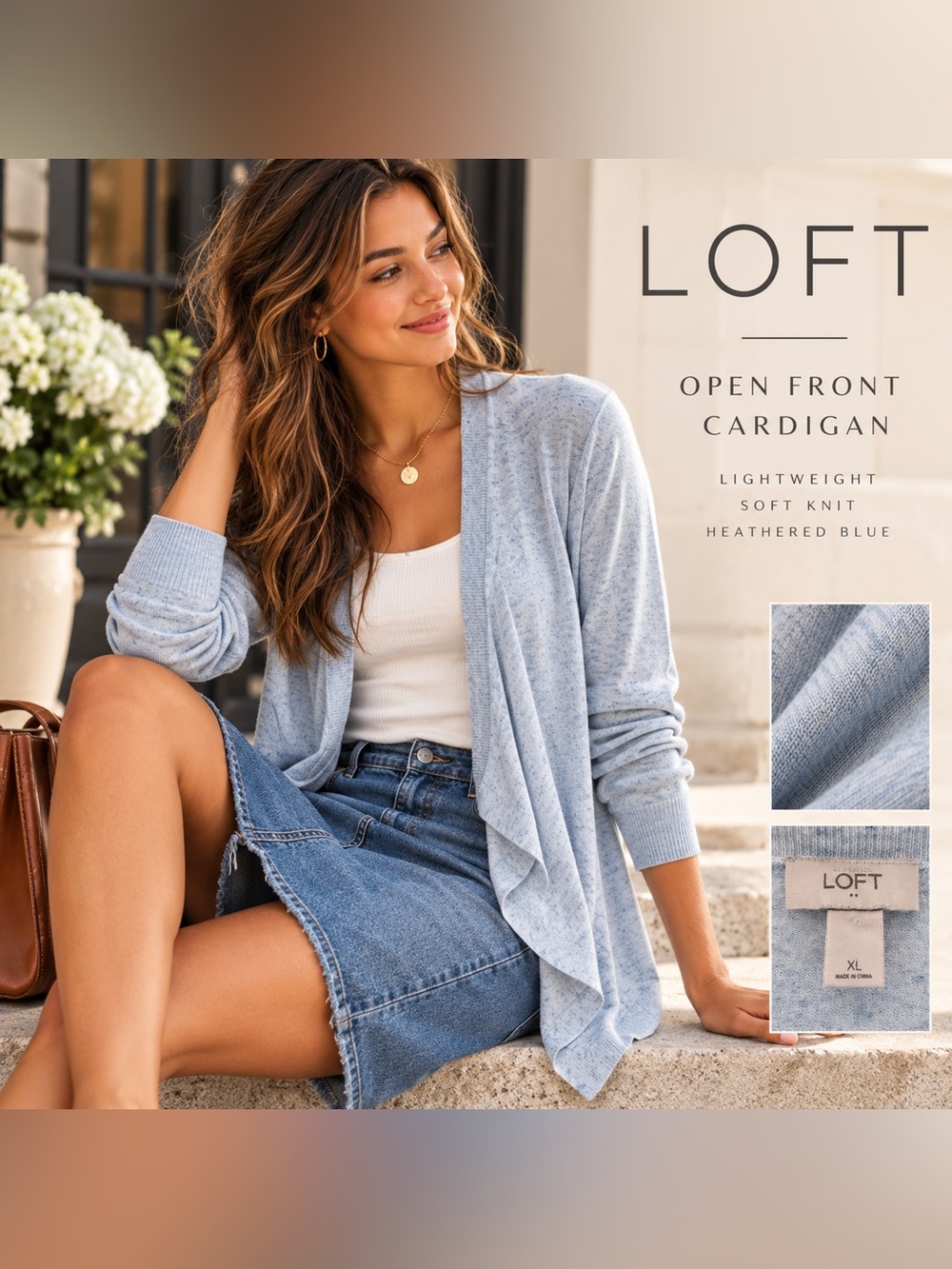 LOFT XL Heathered Blue Open Front Waterfall Cardigan Lightweight Soft Knit